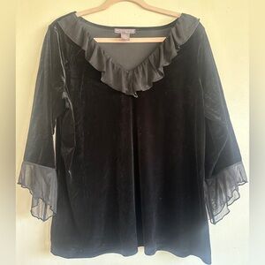 Sigrid Olsen Black Velvet Blouse with Ruffled Neckline